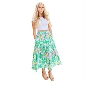 Sheridan French Emma Maxi Skirt Womens Small Green Pink Tiered Cotton Ikat Boho